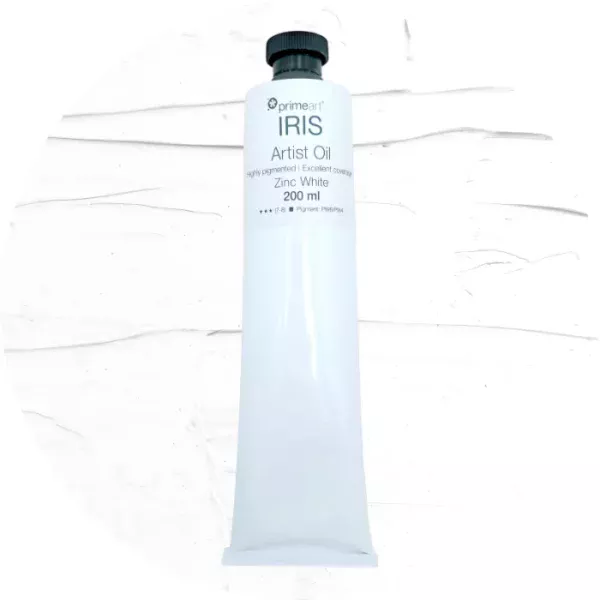 Zinc White Iris Oil Paint 200ml is seen standing vertically in the center of the frame. The tube is white and has a band of colour around the top of the tube that indicates the colour of the paint. The tube has a black plastic screw top. There is a circle in the center of the frame in the background, behind the tube of paint which has the paint swatch in it. On a white background.