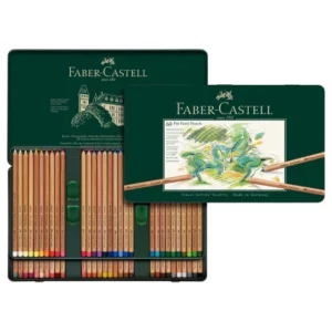 An open set of 60's Faber Castell Pitt Pastel Pencils is shown horizontally across the frame, with the lid of the set overlapping the open tin. The tin is green and has a picture of a drawing of a horse made using the pencils, as well as some loose pencils around the drawing. There are two trays of pencils inside the tin. The pencils have a wooden barrel and a colour dipped end for easy identification. On a white background.