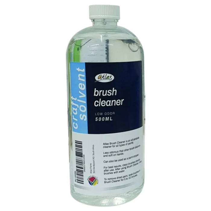 A single bottle of Atlas Brush Cleaner 500ml is shown in the center of the frame. The bottle is clear with a printed label around the body of the bottle. The liquid is also clear. The bottle has a white