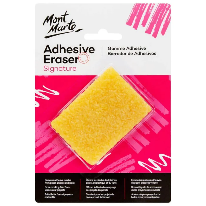 A Mont Marte Signature Adhesive Eraser pack is shown vertically in the center of the frame. The pack has a printed cardboard backing board in white