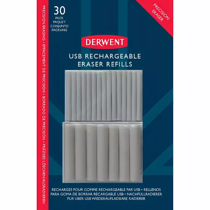 Derwent USB Rechargeable Eraser Refills is in the center of the image in its original packaging. showing the front of the product. With all the erasers lined up. small at the top and large at the bottom.