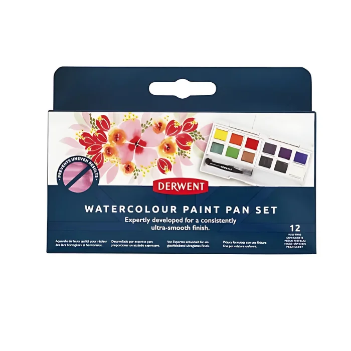 Derwent Watercolour Paint Pan Set is shown front facing in its original packaging in the center of the image.