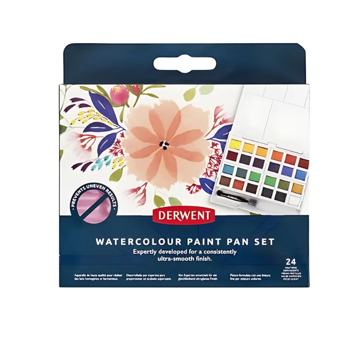 Derwent Watercolour Paint Pan Set of 24 is shown front facing in its original packaging in the center of the image.